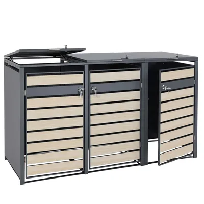 Mendler XL 3er/6er-Mülltonnenverkleidung HWC-J81, Mülltonnenbox, Metall 95kg anthrazit ~ Buche-Holzoptik hellbraun Image