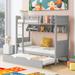 Gray Playhouse Inspired Twin Bunk Bed with Bookshelf and Twin Trundle, Sturdy Pine Wood Construction and Unique Design