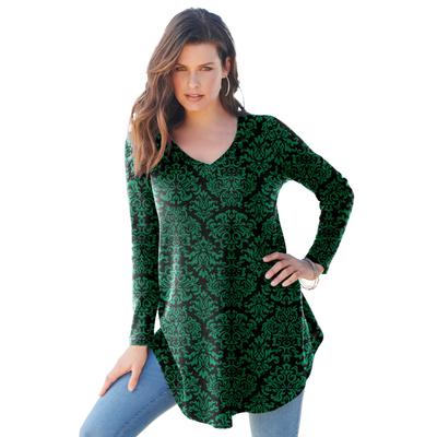 Plus Size Women's V-Neck Thermal Tunic by Roaman's in Black Vine Damask (Size 26/28) Long Sleeve Shirt