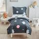 4 Pieces Toddler Bedding Set Space Theme for Baby Boys, Astronaut Planet Rocket Print on Black, Includes Comforter, Flat Sheet, Fitted Sheet and Pillowcase