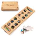 Ceebyfa Mancala Board Game for Kids, Adults & Family. Includes Folding Rubber Wood Board, 48+10 Colorful Mancala Stones & Instruction. Classic & Portable Marble Game for Travel.(Natural Color)