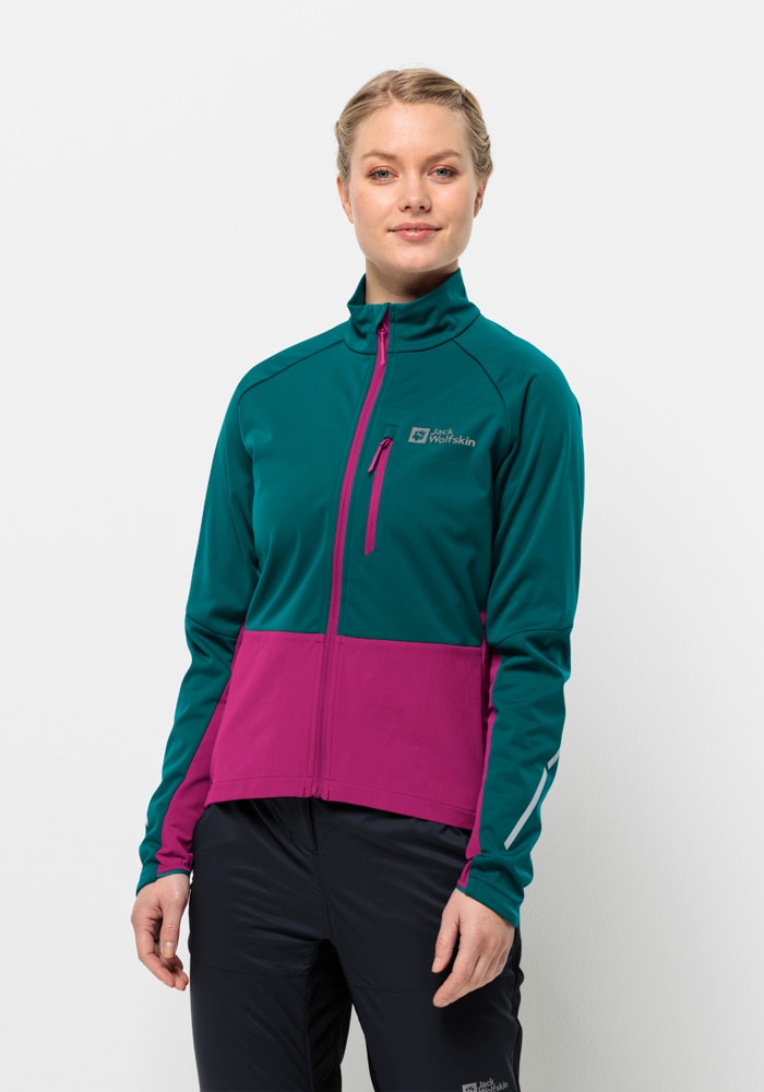 Fahrradjacke JACK WOLFSKIN "MOROBBIA JKT W", Damen, Gr. M3840, grün (sea, grün), 1. OBERSTOFF 100% POLYESTER 2. OBERSTOFF 91% POLYAMID, 9% ELASTHAN FUTTER 100% POLYESTER, Jacken Image