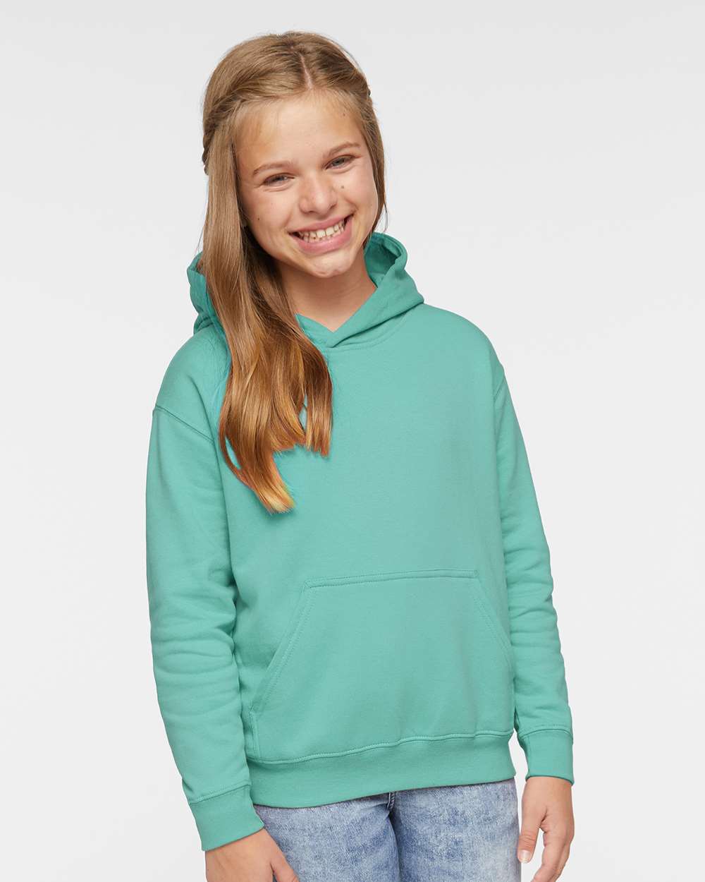 LAT 2296 Youth Fleece Hoodie Sweatshirt in Saltwater size Medium LA2296