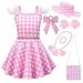 Girls Pink Costume Movies Square Collar Dress Bag Hat Accessories Plaid Outfits for Kids Doll Cosplay Halloween Birthday Party Role Playing 10-12 Years