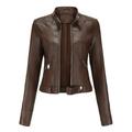 AOOCHASLIY Women Coat Fall Clearance Women Stand Collar Slim Leather Zip Motorcycle Suit Belt Coat Jacket Tops