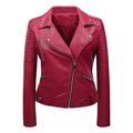 WXLWZYWL Winter Coats for Women Clearance Sale Women S Leather Standing Collar Slim Fitting Motorcycle Jacket Leather Jacket Red