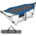 Portable Folding Hammock Lounge Camping Bed With Hammock Stand Indoor & Outdoor Hammock W/Side Pocket Anti-Tip Buckles & Iron Stand For Camping Outdoor Patio Yard Beach (Blue)