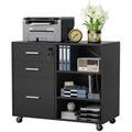 Mobile Wood File Cabinet with Lock 3 Drawer Office Lateral Filing Cabinet Printer Stand with 3 Open Adjustable Storage Shelves for Home Office (Black)