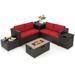 Gymax 6 Piece Patio Sofa & Fire Table Set Outdoor Rattan Sectional Sofa Set w/ Storage Box Red