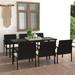 moobody Set of 7 Patio Dining Set Glass Tabletop Table and 6 Chairs with White Cushion Black Poly Rattan Powder-Coated Steel Frame Outdoor Dining Set for Garden Lawn Courtyard