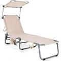Outdoor Folding Chaise Lounge Portable Reclining Chair With 5 Adjustable Positions 360Â°Rotatable Canopy Shade Side Pocket Patio Lounge Chair For Beach Lawn Sunbathing Chair (1 Beige)