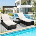 3 Pieces Patio Chaise Lounge Chair Set PE Rattan Chaise Lounge with Table Sun Chaise Lounge Furniture Pool Furniture Sunbed with Cushion Tanning Lounge Chair with 5 Adjustable Positions B384