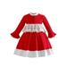 Licupiee Christmas Kids Girls Red Dress Plush Lace Patchwork Round Neck Long Sleeve Dress Fall Winter Princess Dress