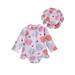 2Pcs Baby Girls Romper Swimwear Long Sleeve Floral/Shell Print Bathing Suit with Hat Outfits Set 0-24Months