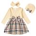 Tosmy Baby Girl Clothes Dresses Long Sleeve Spliced Plaid Dress Toddler Girls Dress With Bowknot Headband Hat Casual Party Dress 3 Piece Cute Clothes Fashion 2023