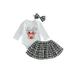 Qtinghua Newborn Baby Girls Christmas Clothes Long Sleeve Santa Romper+Plaids Skirt+Headband Set White Black 6-12 Months