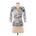 Style&Co Long Sleeve Henley Shirt: Gray Floral Motif Tops - Women's Size P Petite