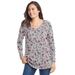 Plus Size Women's Perfect Printed Long-Sleeve V-Neck Tee by Woman Within in Heather Grey Red Pretty Floral (Size 42/44) Shirt