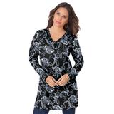 Plus Size Women's Long-Sleeve V-Neck Ultimate Tunic by Roaman's in Black Fan Floral (Size 3X) Long Shirt