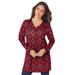 Plus Size Women's Long-Sleeve V-Neck Ultimate Tunic by Roaman's in Red Flower Medallion (Size 3X) Long Shirt