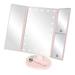 Lighted Makeup Mirror Tri-fold Vanity Mirror with 1X/2X/3X Magnification Mirrors 22 Natural LED Nights and Touch Screen Chargeable Travel Cosmetic Mirror for Desktop Pink