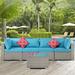 Patio Furniture 5-Piece Outdoor Sofa Set, PE Rattan Wicker Sectional Cushioned Couch Set with 2 Pillows and Glass Coffee Table