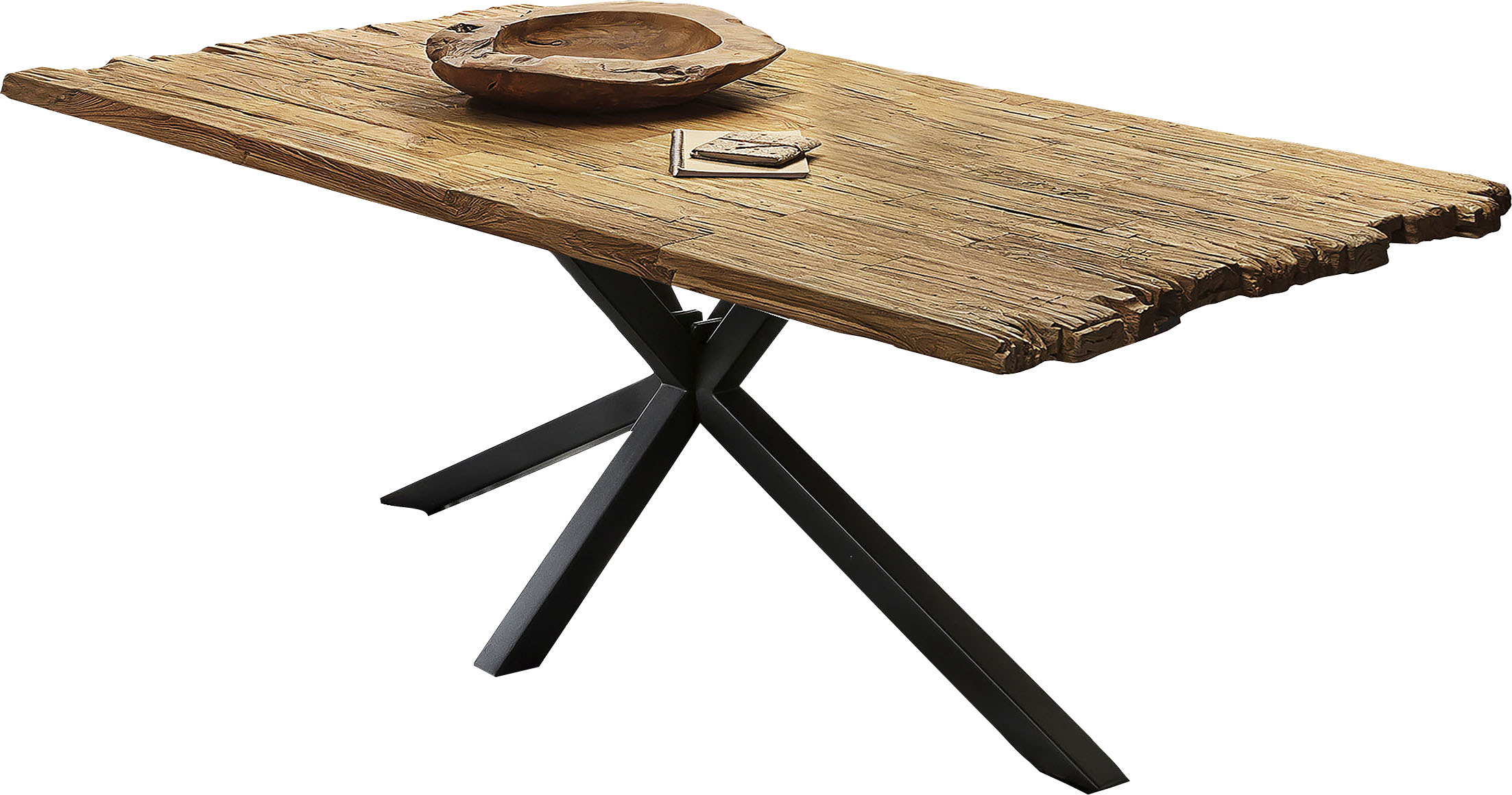 Esstisch SIT, beige (natur, antikschwarz, antikschwarz, natur), B:200cm H:79cm T:100cm, Platte recyceltes Teak, Gestell Metall, Tische, Esstisch, Platte aus recyceltem Teak