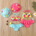 Maillot de bain trois pièces pour bébé fille de 0 à 24 mois haut à fleurs col licou bonnet de