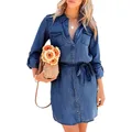 Robe Chemise à Manches sulfpour Femme Col à Revers Ceinture Rétro Denim Poche Bouton