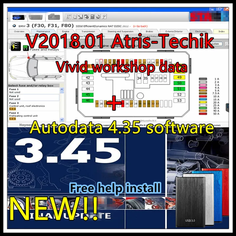 Neueste lebendige Werkstatt 2018+ Autodata 3.45-Software Automotive (Atris-Technik) Teilekatalog für Europa Auto Repair Vivid 2018