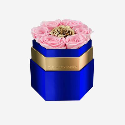 One In A Million™ Mirror Blue Hexagon Box | Light Pink & Gold Roses