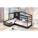 Wood House Bed Twin Size, 2 Twin Solid Bed Wood Platform Bed Frame L structure with Fence and Slatted Frame for Boys Girls