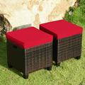 Set of 2 Rattan Patio Ottomans with Red Cushions - Outdoor Garden Footrests