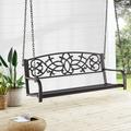 Patio Metal Porch Swing 2-Person Hanging Porch Swing Bench With Sturdy Chains & Pattern Backrest 485 Lbs Weight Capacity Loveseat For Garden Yard Front Outdoor Swing Chairs (Brown)