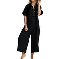 DeHolifer Jumpsuits for Women-Summer Casual Solid Button Pleated Romper Wide Leg Long Pants Lapel Jumpsuit Black X-Large