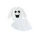 Suanret 2PCS Toddler Kids Girls Halloween Clothes Ghost Print Long Sleeve Sweatshirt Mesh Tulle Skirt Outfits White 12-18 Months