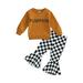 Arvbitana 2Pcs Toddler Girls Halloween Outfits 6M-4T Long Sleeve Letter Print Sweatshirt + Checkerboard Print Flared Pants Sets Baby Girls Fall Clothes