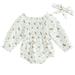 Xkwyshop Infant Baby Girls 2Pcs Fall Outfits Off Shoulder Long Sleeve Floral Smocked Bodysuit with Headband Set