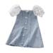 Quealent Toddler Girl Christmas Puff Sleeve Lace Mesh Dress Girl Denim Dresses Sundress Princess Dresses Girls Sweaters Denim Girls Dress Blue 1-2 Years