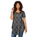 Plus Size Women's Swing Ultra Femme Tunic by Roaman's in Black Flower Medallion (Size 42/44) Short Sleeve V-Neck Shirt