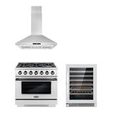Cosmo 3 Piece Kitchen Appliance Package w/ 36" Gas Freestanding Range, Island Range Hood, & Wine Refrigerator in White | Wayfair COS-4PKG-1168