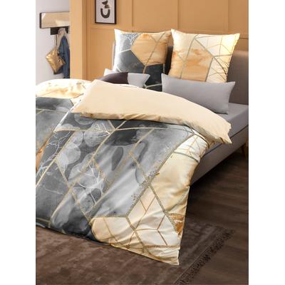 Wendebettwäsche BIERBAUM Gr. 3, beige (ecru, anthrazit, bedruckt), B/L: 155cm x 220cm, 2-teilige Garnitur St., 2-teilige Garnitur St., Mako-Satin, B/L: 80cm x 80cm, Mako-Satin, 100% Baumwolle, Bettwäsche Image