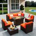 Latitude Run® Modular Slanted Back Patio Furniture Sets w/ Fire Pit Table & Sofa Cover Synthetic Wicker/All - Weather Wicker/Wicker/Rattan | Wayfair