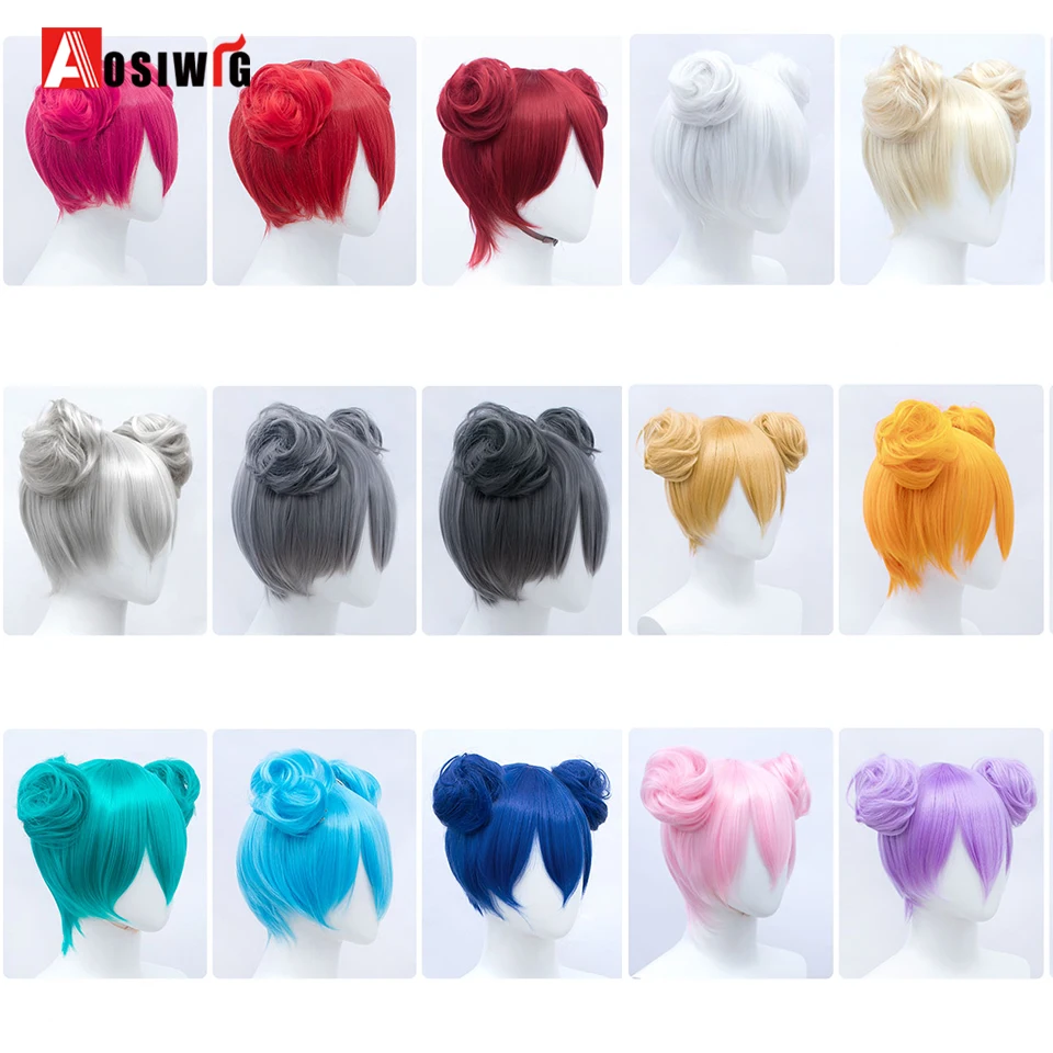 AOSIWIG Synthetische Cosplay-Anime-Perücke mit Haarknoten, kurzes glattes Haar, rosa, weiß, blau, grün, Perücke, Damen-Accessoires Image