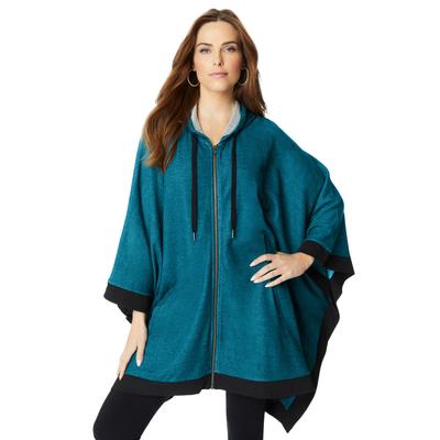 Plus Size Women's Hooded Zip Poncho by Roaman's in Deep Teal Marled (Size M/L) Hoodie