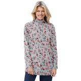 Plus Size Women's Mockneck Long-Sleeve Tunic by Woman Within in Heather Grey Red Pretty Floral (Size L)