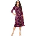 Plus Size Women's Ultrasmooth® Fabric Boatneck Swing Dress by Roaman's in Dark Berry Fan Floral (Size 30/32)