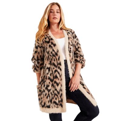 Plus Size Women's Leopard-Print Eyelash Cardigan by June+Vie in Oatmeal Jacquard Animal (Size 26/28)
