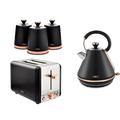 Tower Cavaletto Black 1.7L 3KW Pyramid Kettle, 2 Slice Toaster & Tea, Coffee & Sugar Canisters. Contemporary Matching Kitchen Set of 5 in Black & Rose Gold