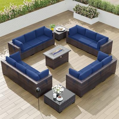 Kullavik 15PCS Outdoor Patio Furniture Set with Fire Pit Table & Glass Top Coffee Table